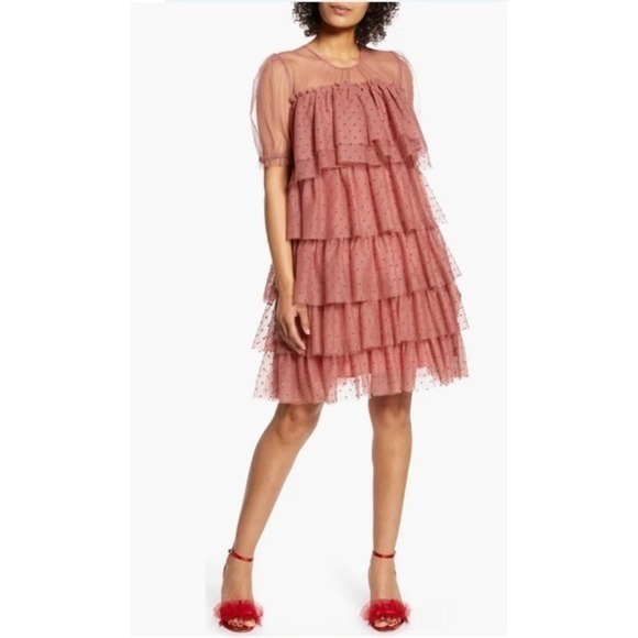 Halogen X Atlantic-Pacific Dresses & Skirts - Halogen x Atlantic-Pacific Tiered Flock‎ Mesh Dress Mauve/Red size Large Flirty